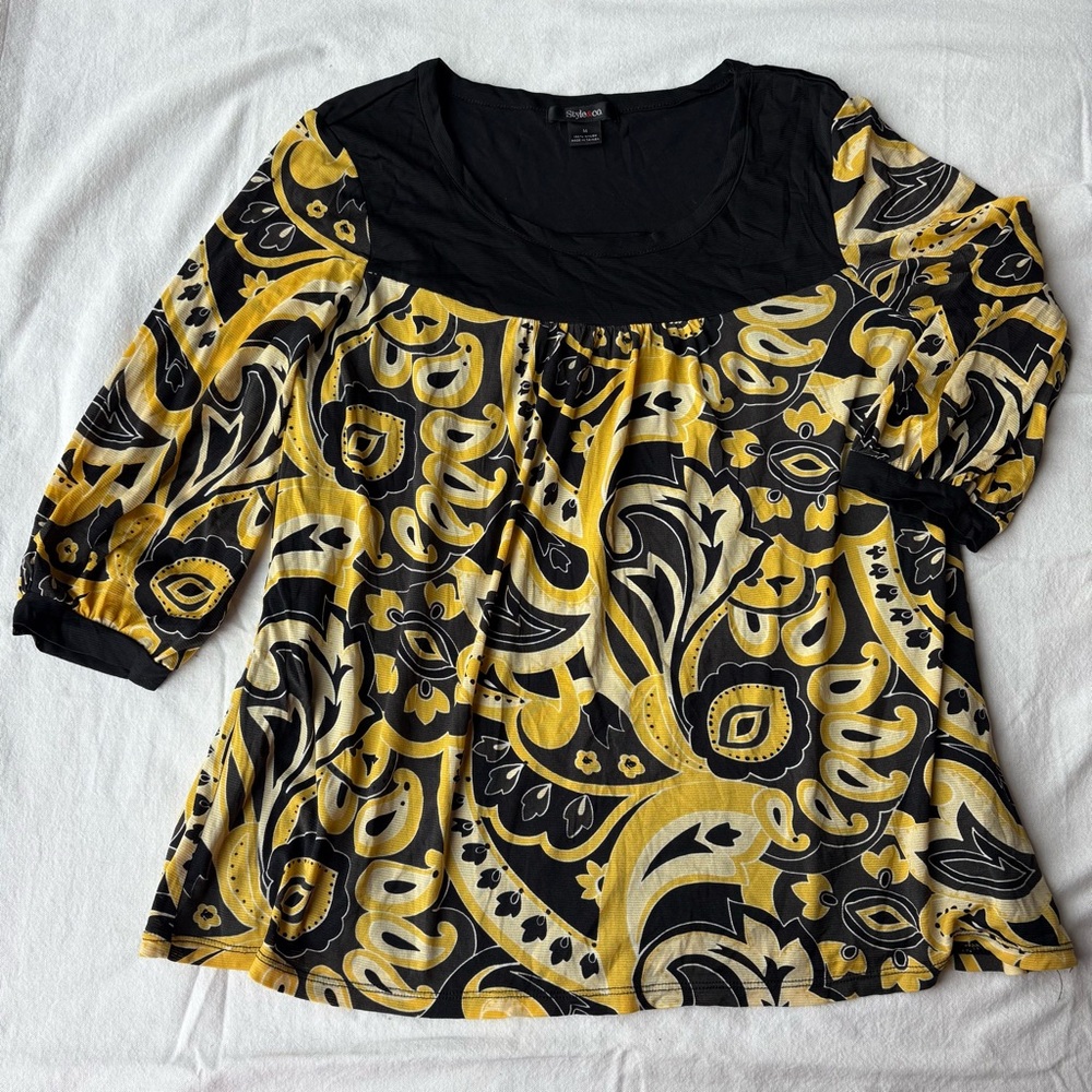 Style & Co. Black and Yellow Patterned Blouse Retro Paisley Artsy Y2K